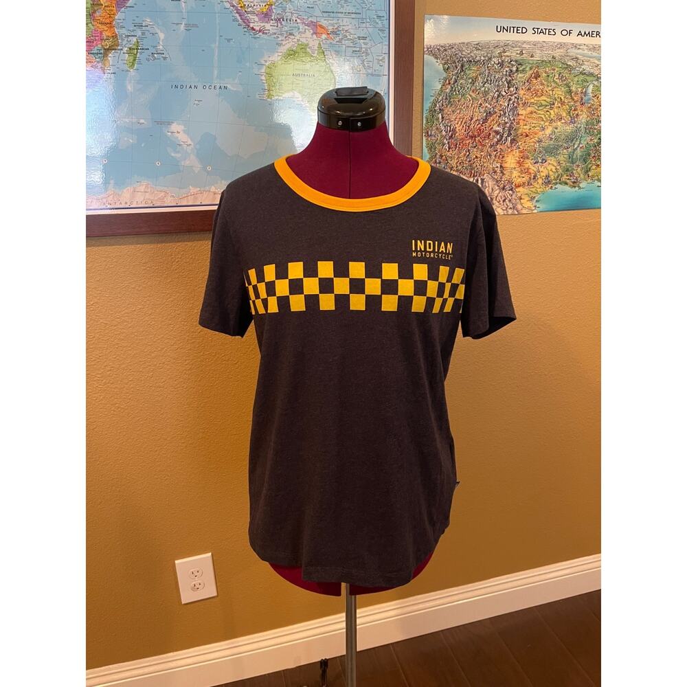 Indian Motorcycle Woman's Blue and Yellow Vintage Checked T-Shirt